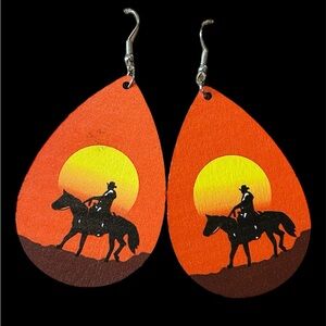 #16 | Wooden Painted Cowboy Riding Off Into The Sunset Dangle Earrings